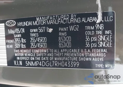 2024 Hyundai Santa Fe Limited z USA, uszkodzony, nr VIN 5NMP4DGL7RH043399